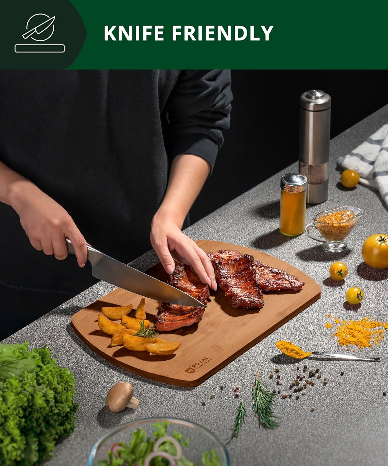 ROYAL CRAFT WOOD Wooden Cutting Boards for Kitchen Meal Prep & Serving - Bamboo Wood Serving Board Set - Charcuterie & Chopping Butcher Block for Meat