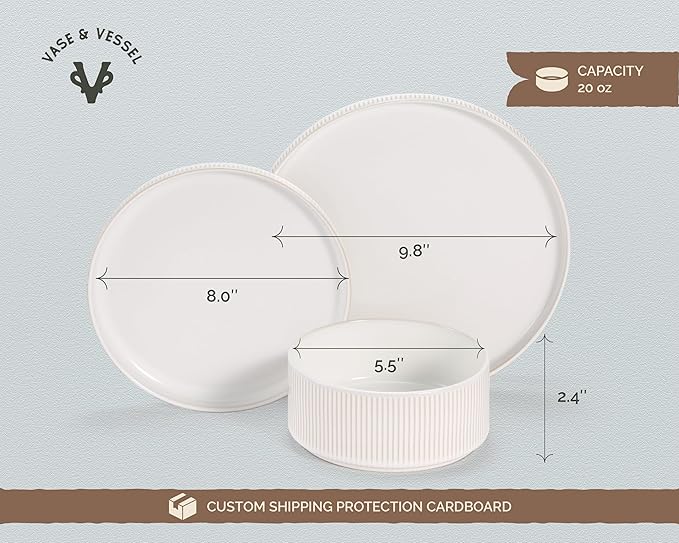 Ceramic Dinnerware Set, by Vase and Vessel, 12-Piece Service for 4, 9.8” Dinner Plates, 8” Salad Plates, 20 oz Bowls, Ombre Reactive Glaze, Durable Stoneware, Microwave & Dishwasher (Powder White)