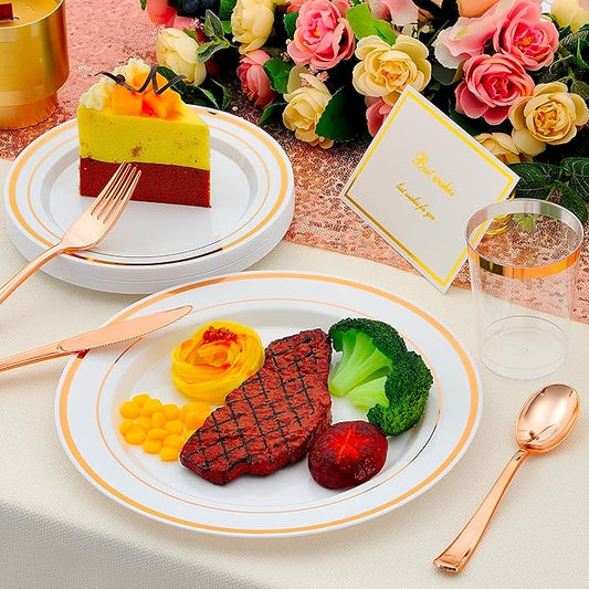 700 PCS Rose Gold Plastic Plates for 100 Guests, Rose Gold Disposable Dinnerware Sets Include 100 Dinner&Salad Plates, 100 Silverware Set, 100 Napkins, 100 Cups