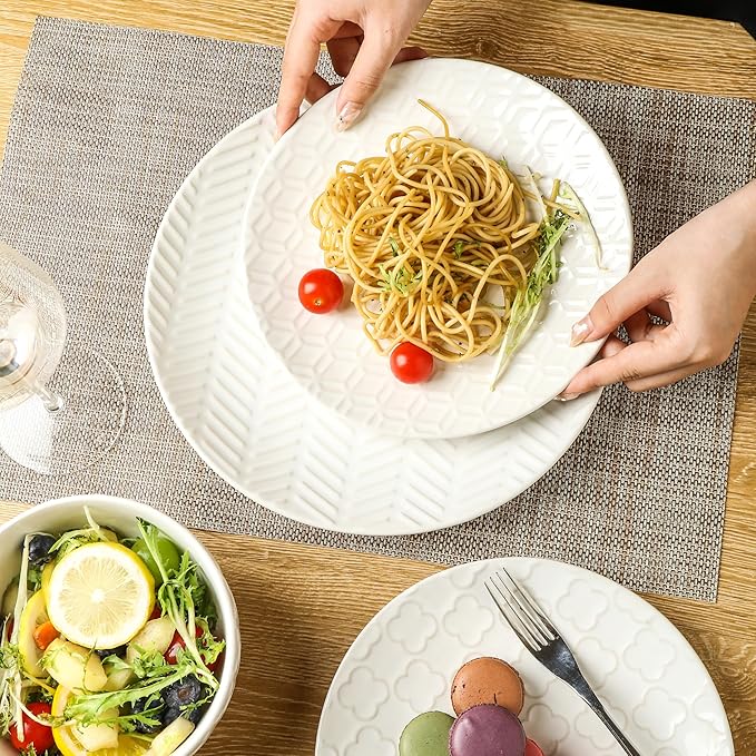 Sureasy Ceramic Dinnerware Set for 4-16 Pieces Embossed Plates and Bowls Sets, Scratch Resistant Dish Set, Microwave, Oven & Dishwasher Safe, White
