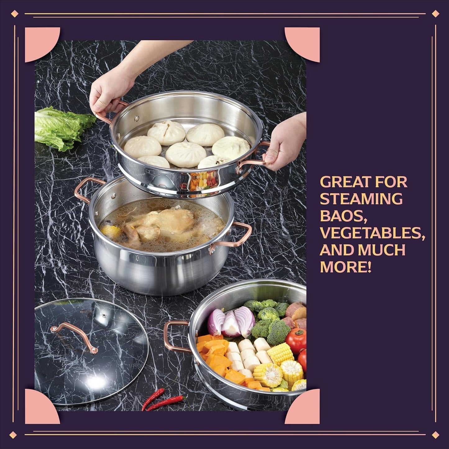 CONCORD Premium Stainless Steel 3 Tier Steamer w/Rose Gold Handles 30 cm