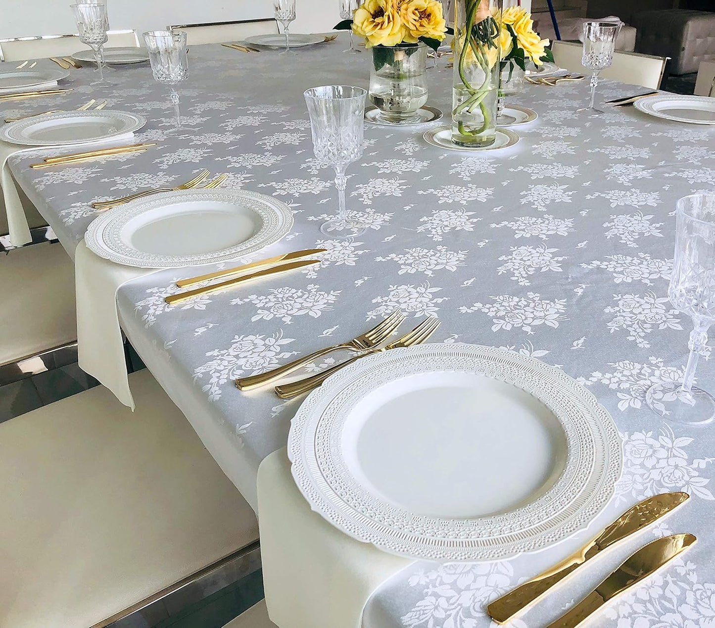 " OCCASIONS " 150pcs set (25 Guests)-Extra Heavyweight Vintage Wedding Disposable/Reusable Plastic Plates -25 x 11'' + 25 x 8.25'' +Silverware (Chateau Collection in Light Gray)