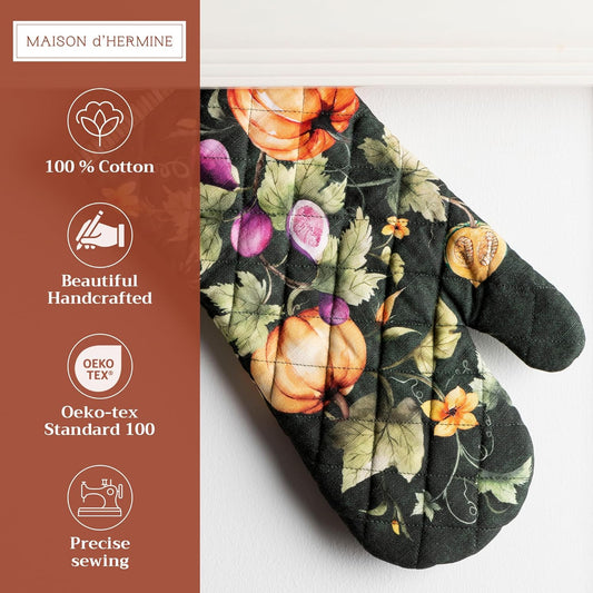 Maison d' Hermine Oven Gloves 100% Cotton Oven Mitt 7" x 13" with Loop Heat Resistant Cooking Gloves for Thanksgiving Christmas Decorations Handling Hot Pans (Pack of 1, Pumpkin Garden - Dark Green)