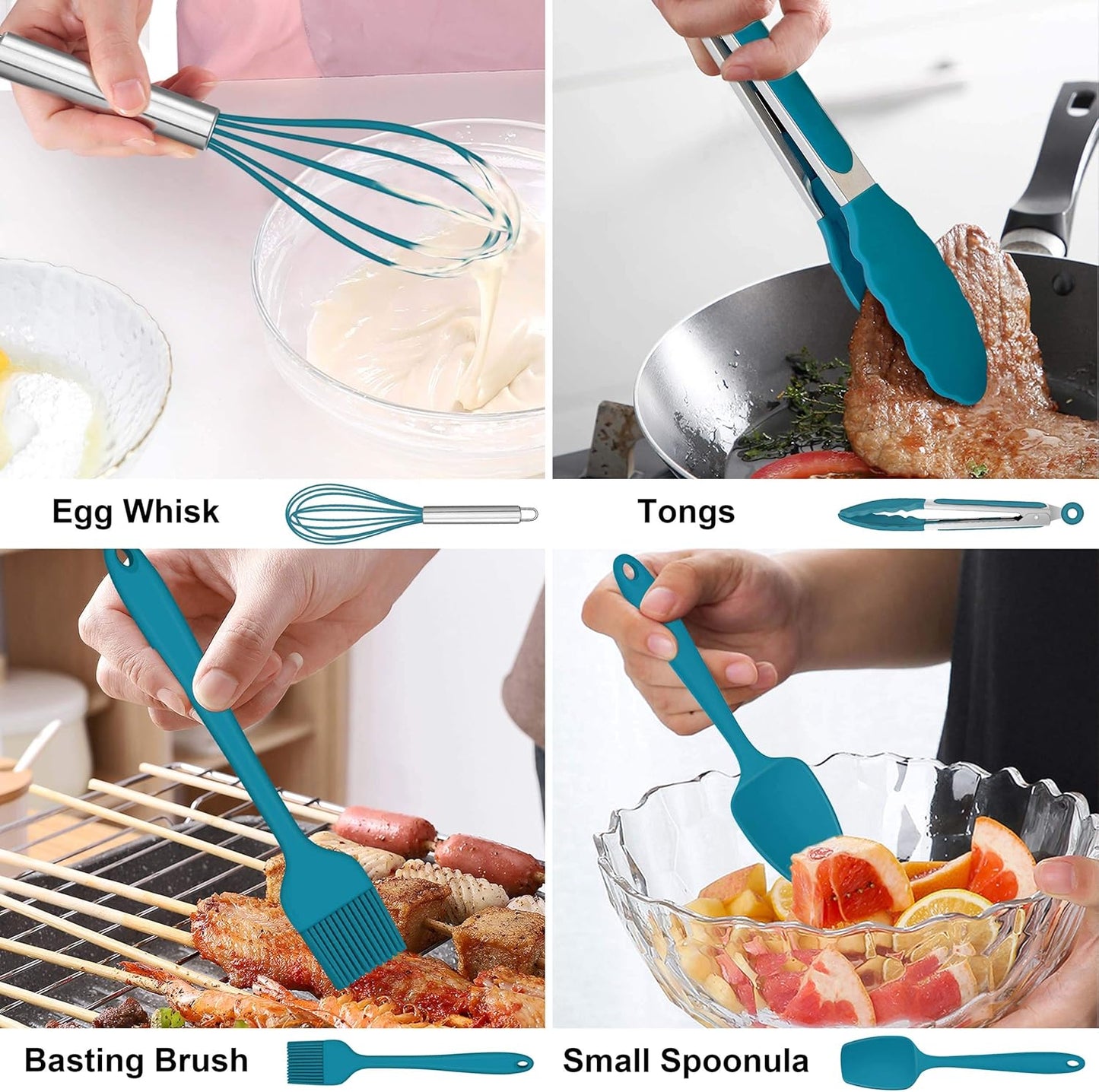 LIANYU 14 Pcs Cooking Utensils Set with Holder, Heat Resistant Silicone Kitchen Cookware Utensils Set, Kitchen Cooking Tools Includes Spatula Spoon Turner Whisk Tong, Dishwasher safe, Dark Blue