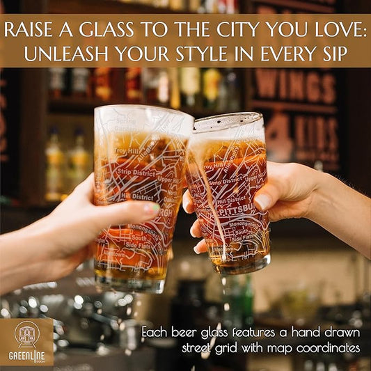Greenline Goods Beer Glasses - 16 oz Drinkware Set for Pittsburgh lovers - Set of 2 - Etched with Pittsburgh, PA Map - Premium Decorative Glassware