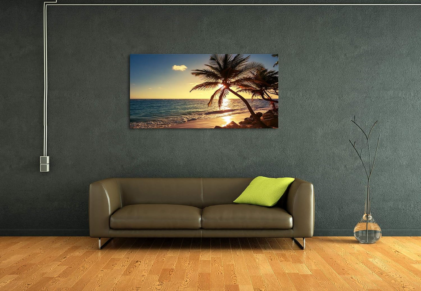 Muolunna S04950 Wall Art Decor Large Canvas Print Picture Sunset Ocean Beach Waves 1 Panel Coconut tree Scenery Modern Painting Artwork for Office Home Decoration Stretched and Framed Ready to Hang