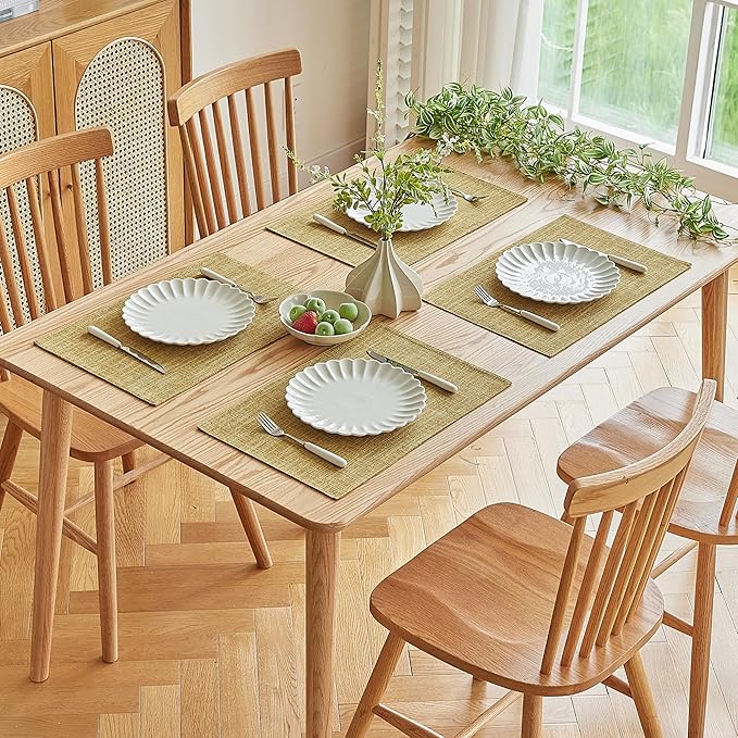 Softalker Faux Linen Placemats Set of 4-12 x 18 Inch, Heat Resistant Double Layered Durable Burlap Farmhouse Place Mats, Non-Slip Washable Rustic Table Mats for Dining, Kitchen, Party(Khaki