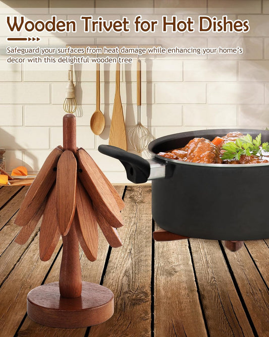 6pcs 8 Inch Wooden Trivets for Hot Dishes, Hot Pots and Pans, Anti Stain Natural Wood Pot Holders for Kitchen Counter Decor, Wooden Collapsible Tree Coasters with Organizer Dinner Placemats