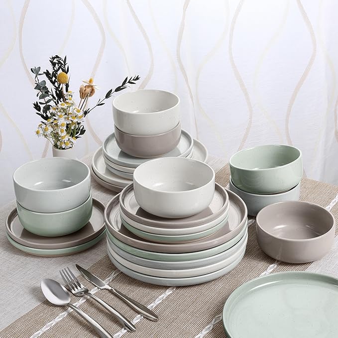 HaWare Stoneware Dinnerware Sets, 24-Piece Plates and Bowls Set for 8, Dishes Set for Home Restaurant, Speckled Multicolor