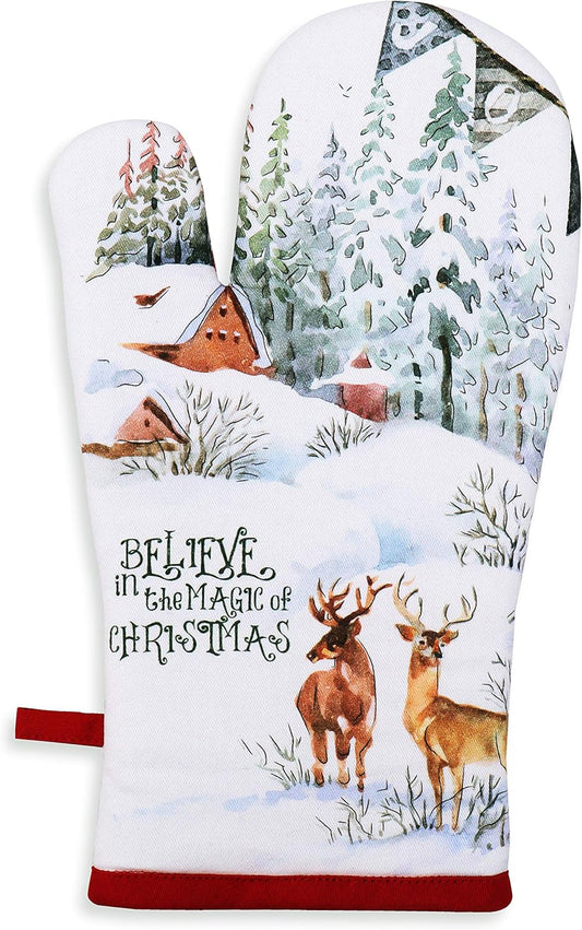 AMOUR INFINI Pot Holders and Oven Mitts 100% Cotton Christmas Winter Heat Resistant Non Slip Washable Set of 1 Oven Mitt and 1 Pot Holder Kitchen Gift Set