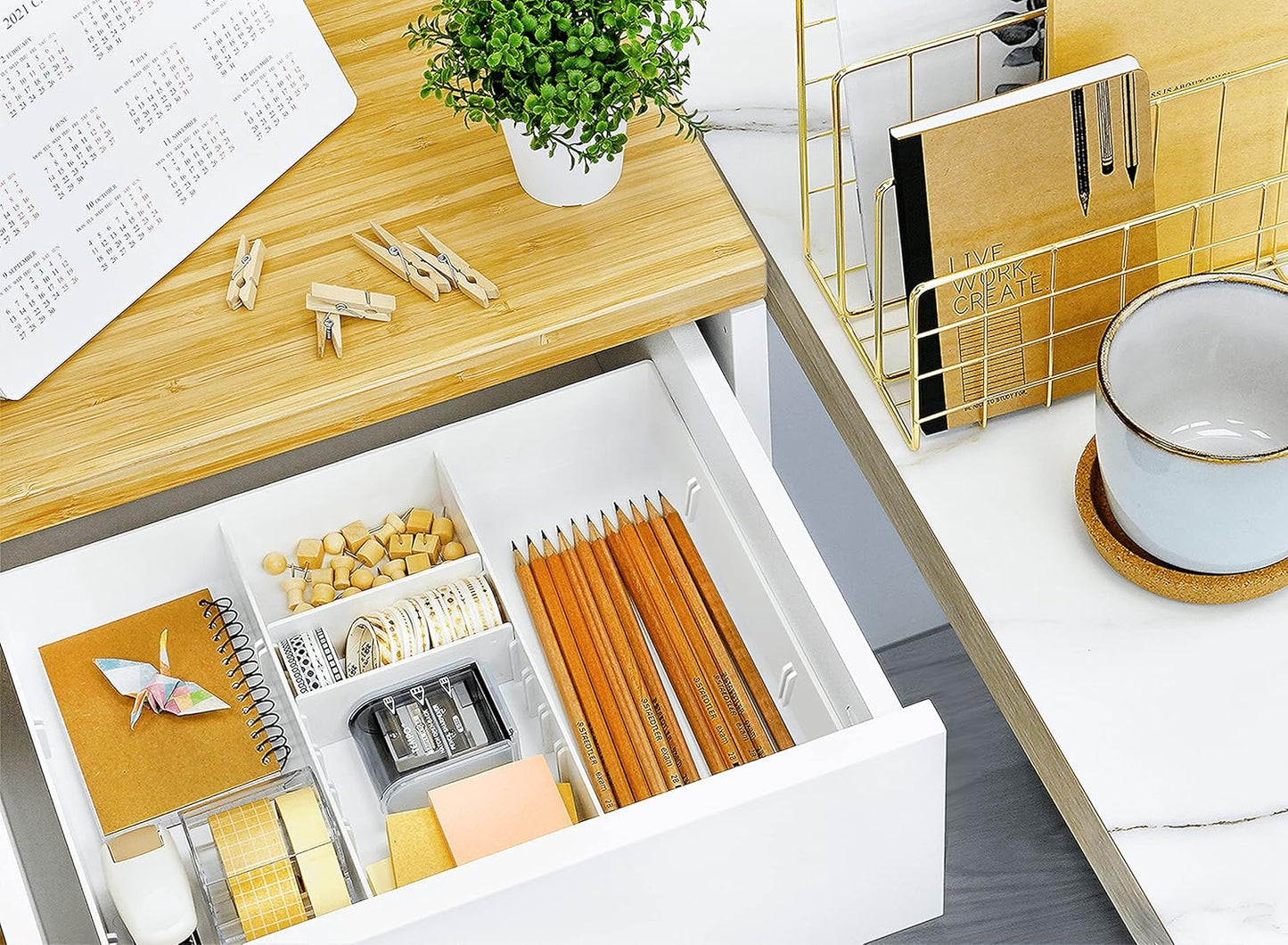 CAXXA 3 Slot Drawer Organizer with 4 Adjustable Dividers - Drawer Storage 7 Compartments Junk Drawer Organizer for Office Desk Supplies and Accessories, White