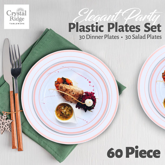 60 Pieces White Plastic Disposable Plates - Premium Heavy-Duty 30 Dinner Plates & 30 Salad Plates with Pink Rim Ideal for Party, Birthday and Special Events