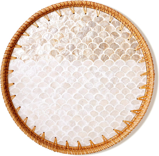 Round Rattan Tray with Mother of Pearl Inlay & Wooden Base - Decorative Wicker Serving Tray for Coffee/Bread/Fruits, Food Storage & Display - Multipurpose Home Decor (L,Fish Scales)