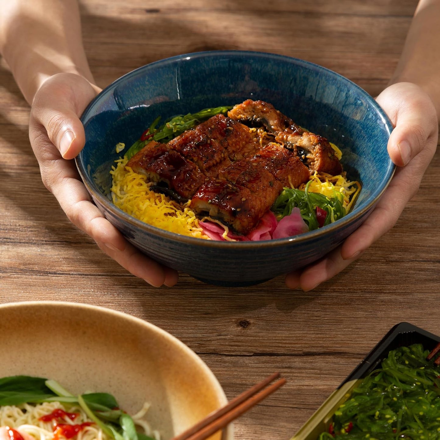 8 Inch Ceramic Ramen Bowl Set of 2, 40oz Japanese Bowls with Spoons & Chopsticks,Durable,Microwave & Dishwasher Safe,Perfect for Ramen,Pho,Salad,Soup,Noodles,Mixing bowls(Azure)