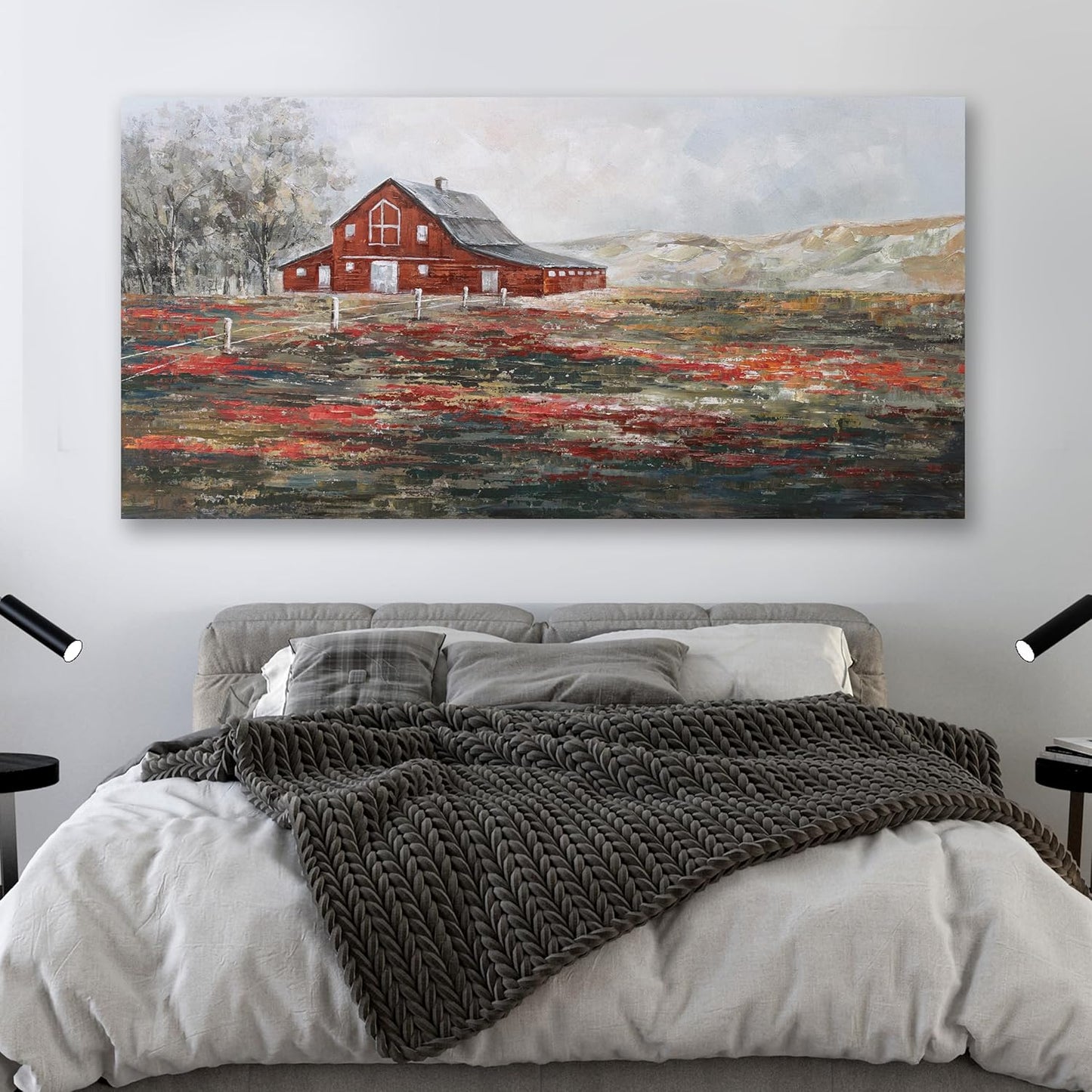 Farmhouse Wall Art Canvas Picture Red Rustic Barn Farm Artwork Decor Country Landscape Panoramic Countryside Rural Nature Scene Painting for Living Room Bedroom Office Decor Wall Decor 29"x58"
