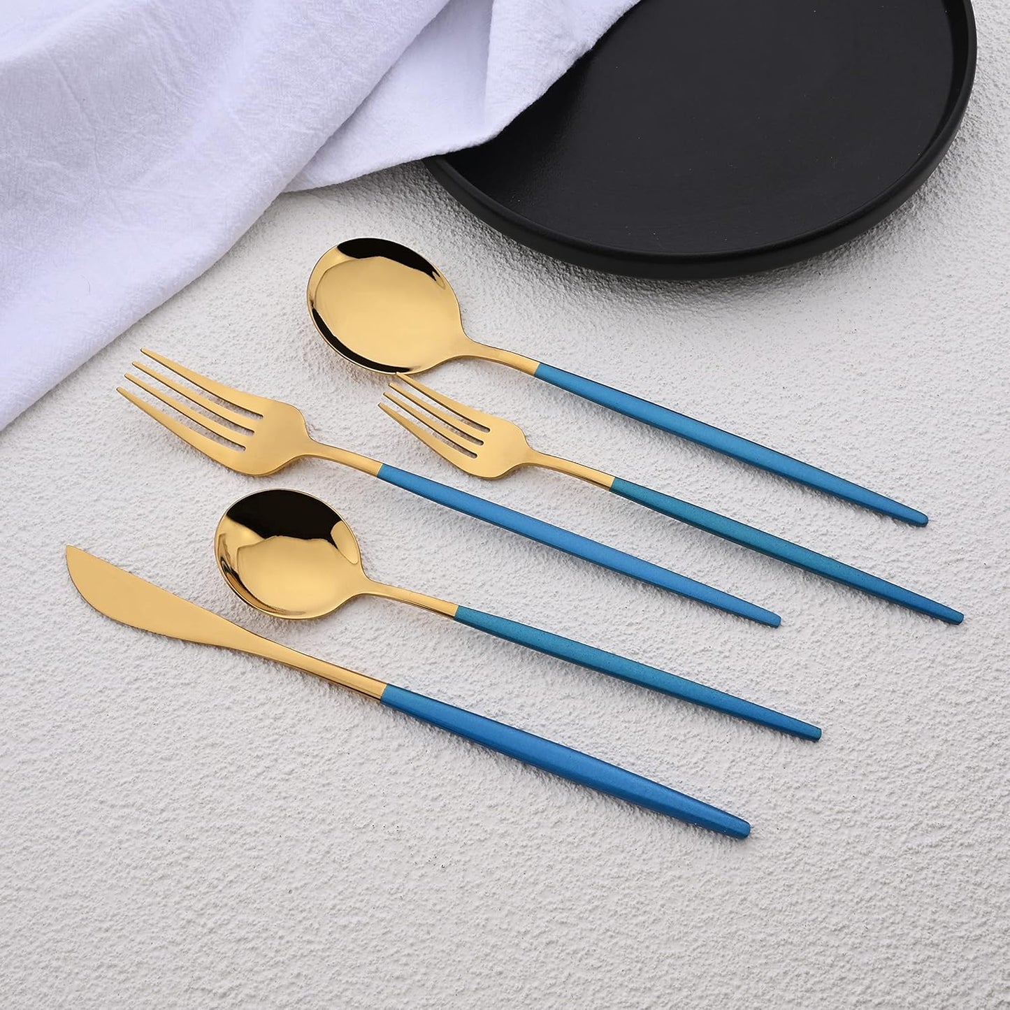 Silverware Set – 20 Piece Family Dinnerware Set – Flatware Set Service For 4 – Blue Gold Tableware Sets – Cutlery Great For Family Gatherings & Daily Use – Spoons, Knives, Forks