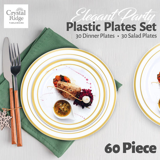 60 Pieces White Plastic Disposable Plates - Premium Heavy-Duty 30 Dinner Plates & 30 Salad Plates with Gold Rim Ideal for Party, Birthday and Special Events