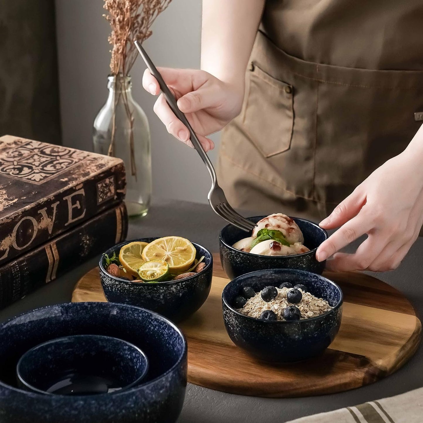 S&Q'S CERAMICS Ceramic Small Bowls for Kitchen, Set of 6, 9 oz Ice Cream Bowls, Small Bowl Set for Dipping, Breakfast, Oatmeal, Microwave and Dishwasher Safe (Navy Blue)