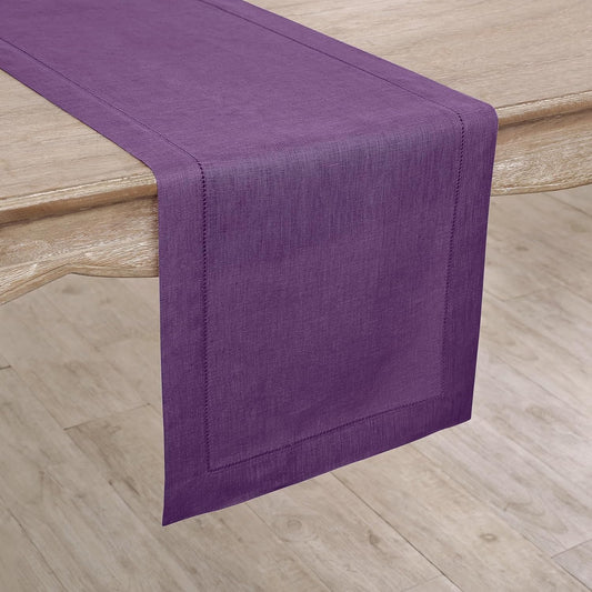 Solino Home Linen Purple Table Runner 144 Inches Long - 100% Pure Linen Extra Long Table Runner 14 x 144 Inch for Fall, Autumn, Halloween, Thanksgiving - Classic Hemstitch