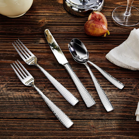 KEAWELL Premium 20/45/65 Piece Louis Hammered Silverware Set with Squared Edge, 18/10 Stainless Steel, Service for 4/8/12, Fine Flatware Set, Dishwasher Safe (65)