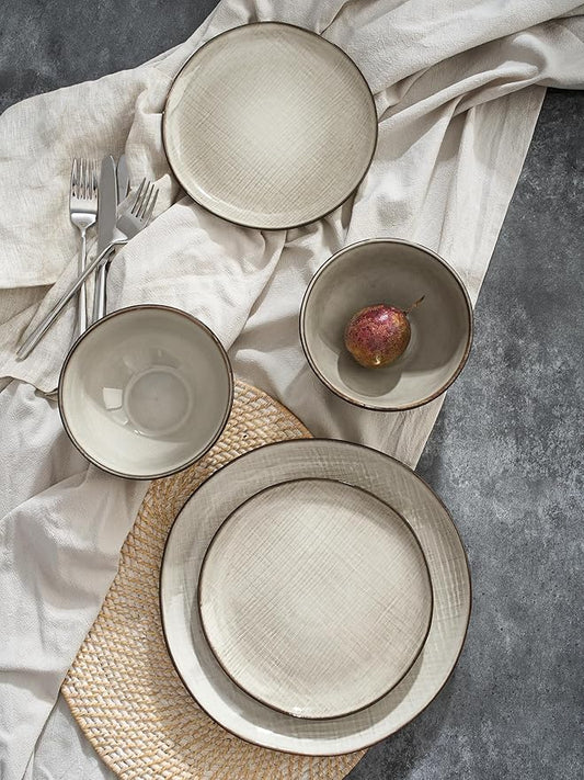Famiware Moonlight Plates and Bowls Sets, 18 Pieces Stoneware Dinnerware Sets with Linen Finish, Handmade Dishware set for 6, Microwave and Dishwasher Safe, Scratch Resistant Tableware, Summer Sand