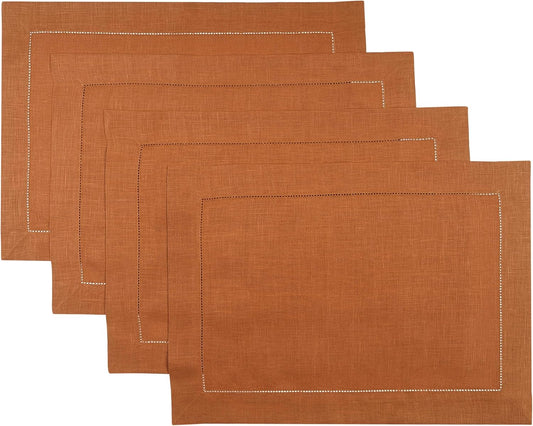 D'Moksha Homes Rust Linen Placemats Set of 4 - Classic Hemstitch Placemats 14 x 19 Inch - 100% Pure Linen Table Mats for Fall, Halloween - Handcrafted and Machine Washable