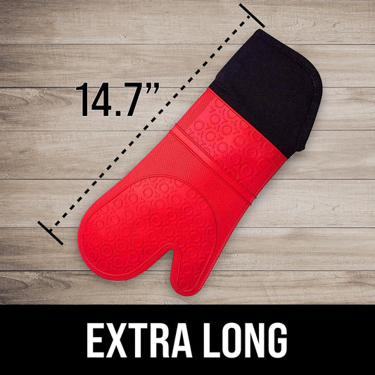 BPA-Free Soft Silicone Oven Mitts - Ultra Heat Resistant Oven Mitts with Thick Cotton Liner - Extra Long Slip Resistant Pot Holders, Flexible Oven Gloves - Red/Black 14.7"