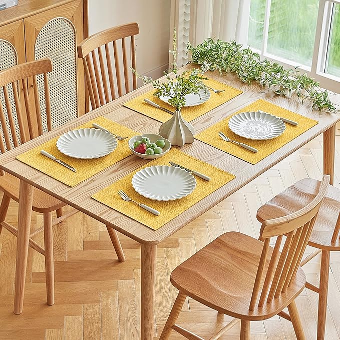 Softalker Faux Linen Placemats Set of 12-12 x 18 Inch, Heat Resistant Double Layered Durable Burlap Farmhouse Place Mats, Non-Slip Washable Rustic Table Mats for Dining, Kitchen, Party(Yellow