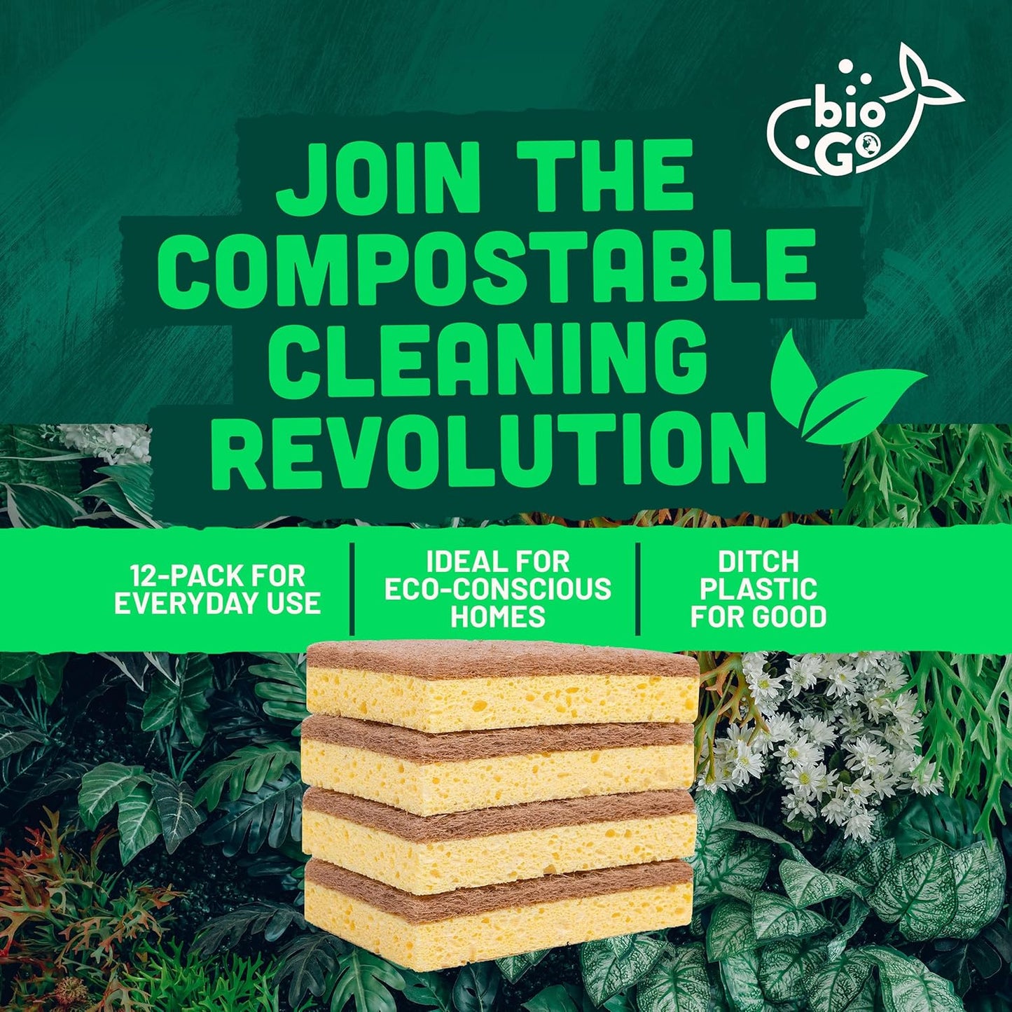 bioGo 12 Pack Natural Biodegradable Kitchen Sponges - Eco-Friendly, Compostable, Cellulose Dish - Compostable - Biodegradable - Cellulose Sponge