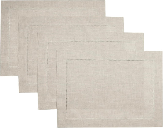 D'Moksha Homes Linen Placemats Set of 4-100% Pure Linen Natural Placemats 14 x 19 Inch - Classic Hemstitch, Washable Natural Placemats for Christmas Decor, Holiday