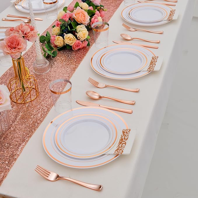 700 PCS Rose Gold Plastic Plates for 100 Guests, Rose Gold Disposable Dinnerware Sets Include 100 Dinner&Salad Plates, 100 Silverware Set, 100 Napkins, 100 Cups