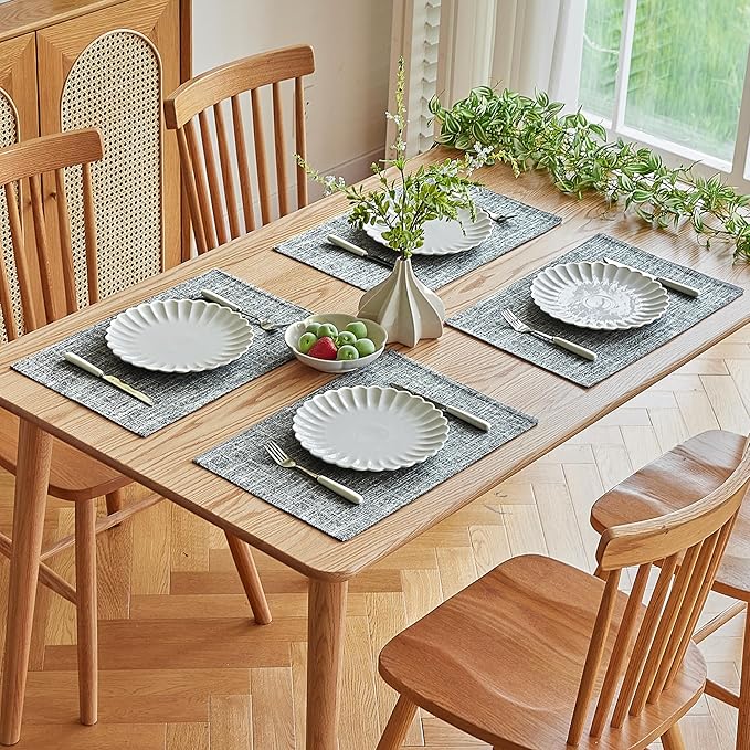 Softalker Faux Linen Placemats Set of 8-12 x 18 Inch, Heat Resistant Double Layered Durable Burlap Farmhouse Place Mats, Non-Slip Washable Rustic Table Mats for Dining, Kitchen, Party(Ash Grey