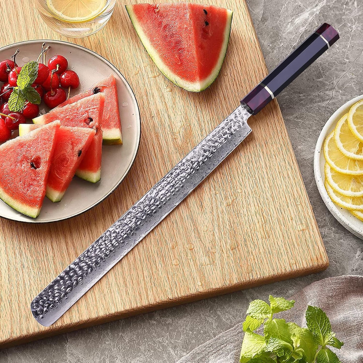 FINDKING Eternity Series Brisket Slicing Knife with ABS Sheath, Sharp Carving Knife for Meat, BBQ Must-Have, 9Cr18MoV Damascus Steel Blade, Resin Octagonal Handle, 12 Inches