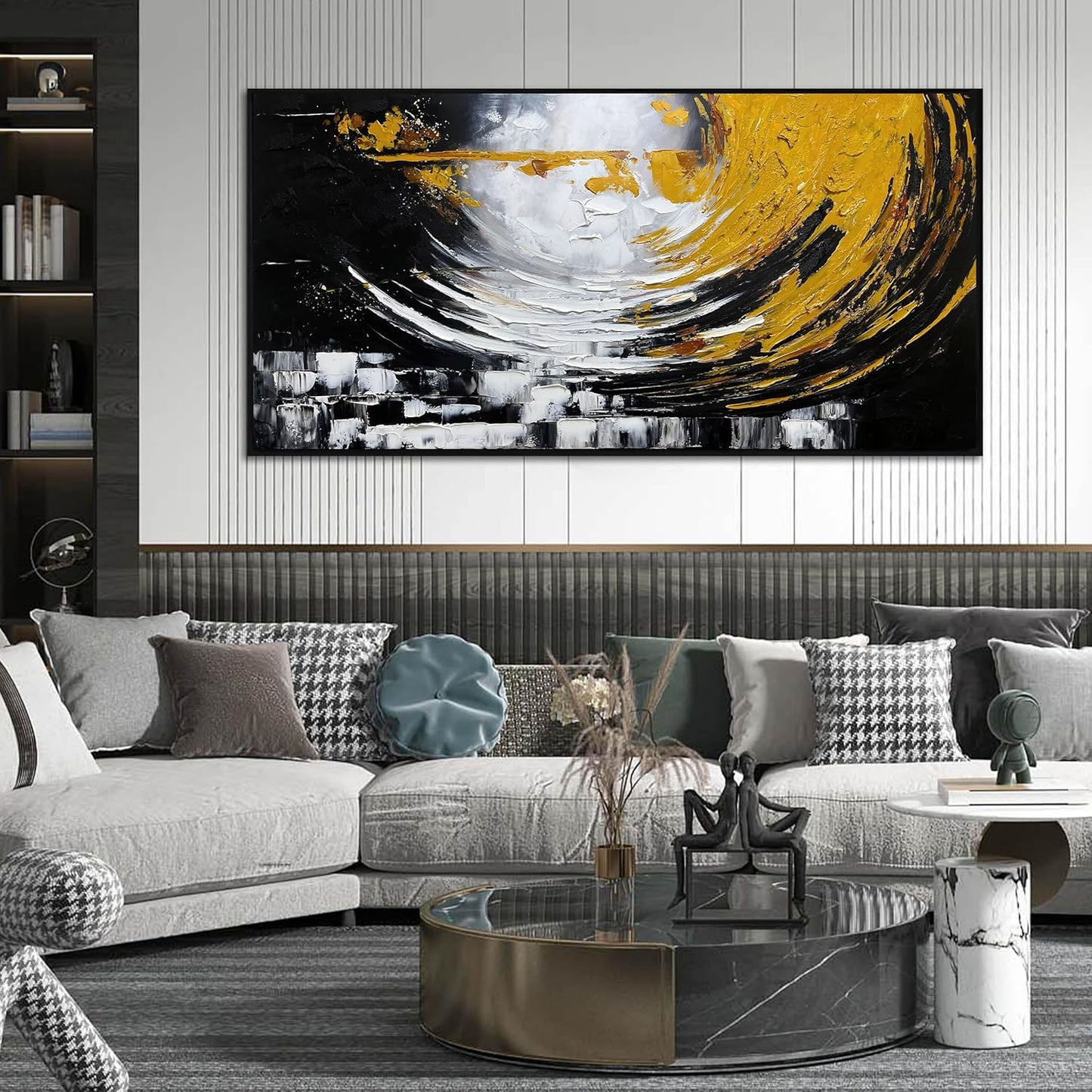 Abstract Large Pictures for Living Room - Black White and Gold Hand Painted Wall Art for Office - Black Framed Canvas Wall Art for Bedroom Size 29" x 59"