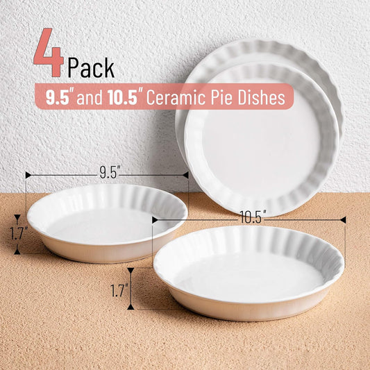 BTaT- Classic White Ceramic Pie Dish Set, 4 pcs, 10.5" & 9.5", Pie Pans for Baking, Christmas Gifts