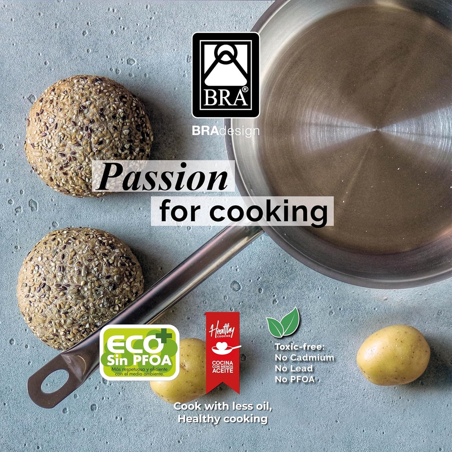 BRA COOKWARE Profesional Frying Pan | 9.5 inches Professional Skillet | Stainless Steel Pan w/o Non-Stick Coating | All Stovetop Compatible - Full Induction Skillet | 100% PFOA Free | Brushed Finish