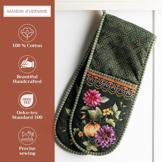 Maison d' Hermine Double Oven Mitt (7" x 35") 100% Cotton Heat Resistant BBQ Cooking Gloves with Loop for Thanksgiving Christmas Decorations Cooking Handling Hot Pan (Pumpkin Garden - Dark Green)