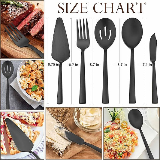 Herogo 5-Piece Matte Black Stainless Steel Serving Utensils Set, Metal Square Hostess Serving Set for Catering Banquet Buffet Party Camping Kitchen Restaurant, Dishwasher Safe