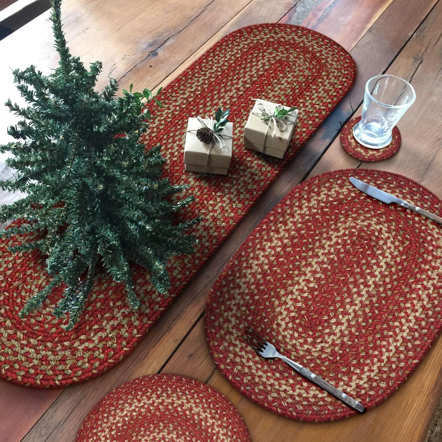 Homespice Apple Pie Jute Braided Placemats, Warm Country Decor, Set of 4, Red 13x19 Oval Table Mats - Vibrant Colors, Durable, Easy to Clean and Protects Furniture