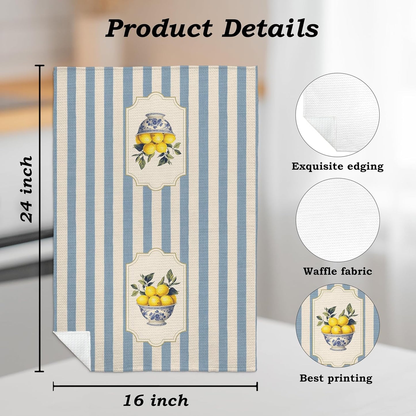 Chinoiserie Floral Fruit Kitchen Towels Set of 3, Retro Striped Lemon Apple Strawberry Dish Tea Towels for Kitchen Decor, Fruit Lover Gifts Decorative Hand Towel, 16x24 Inch