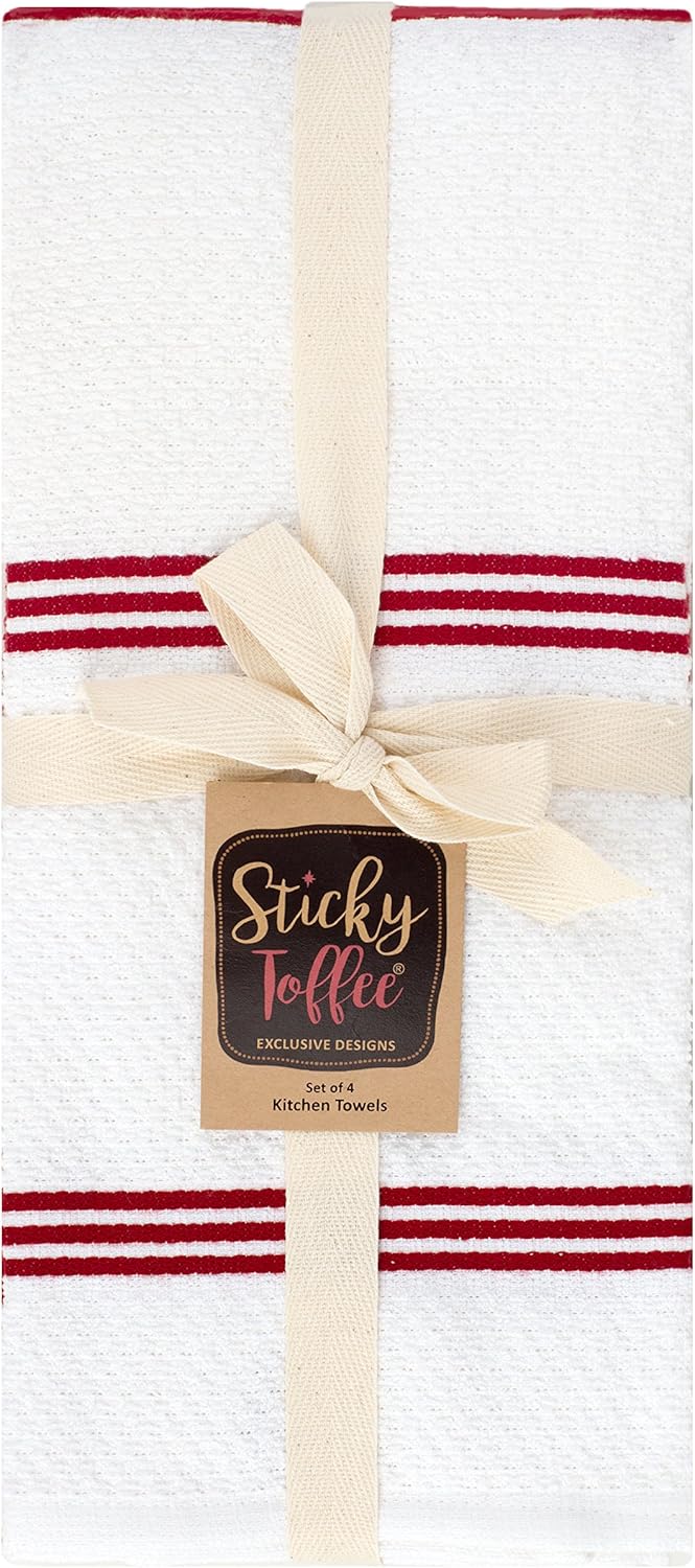 Sticky Toffee Cotton Kitchen Towels Set of 4 – Red and White Dish Towels 28x16 in, Reusable and Absorbent Tea Towels for Drying or Cleaning, Oeko-Tex Cotton