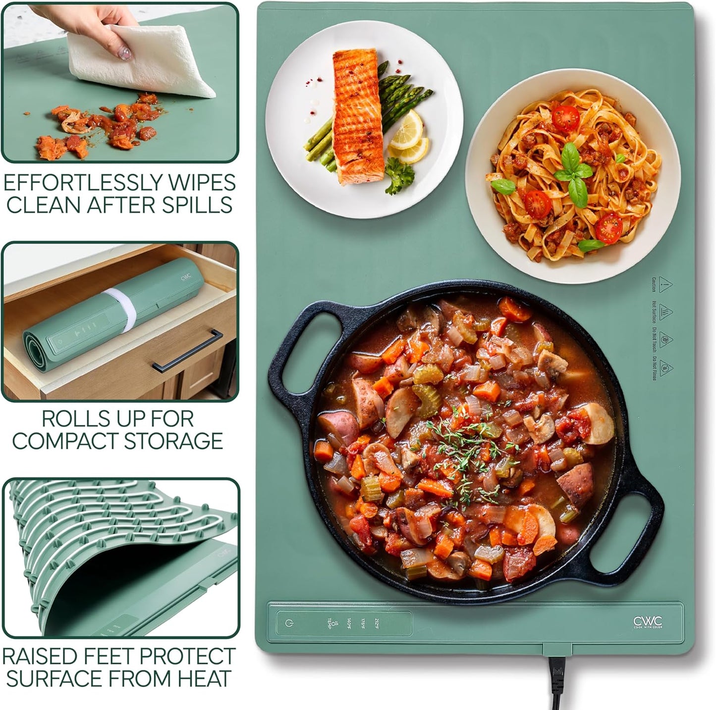COOK WITH COLOR 350W Electric Food Warming Mat - Portable Food Warmer Tray with Adjustable Temperature, Fast 60-Second Heating, Auto Shut-Off, Rollable Silicone Pad for Parties & Everyday Use, Green