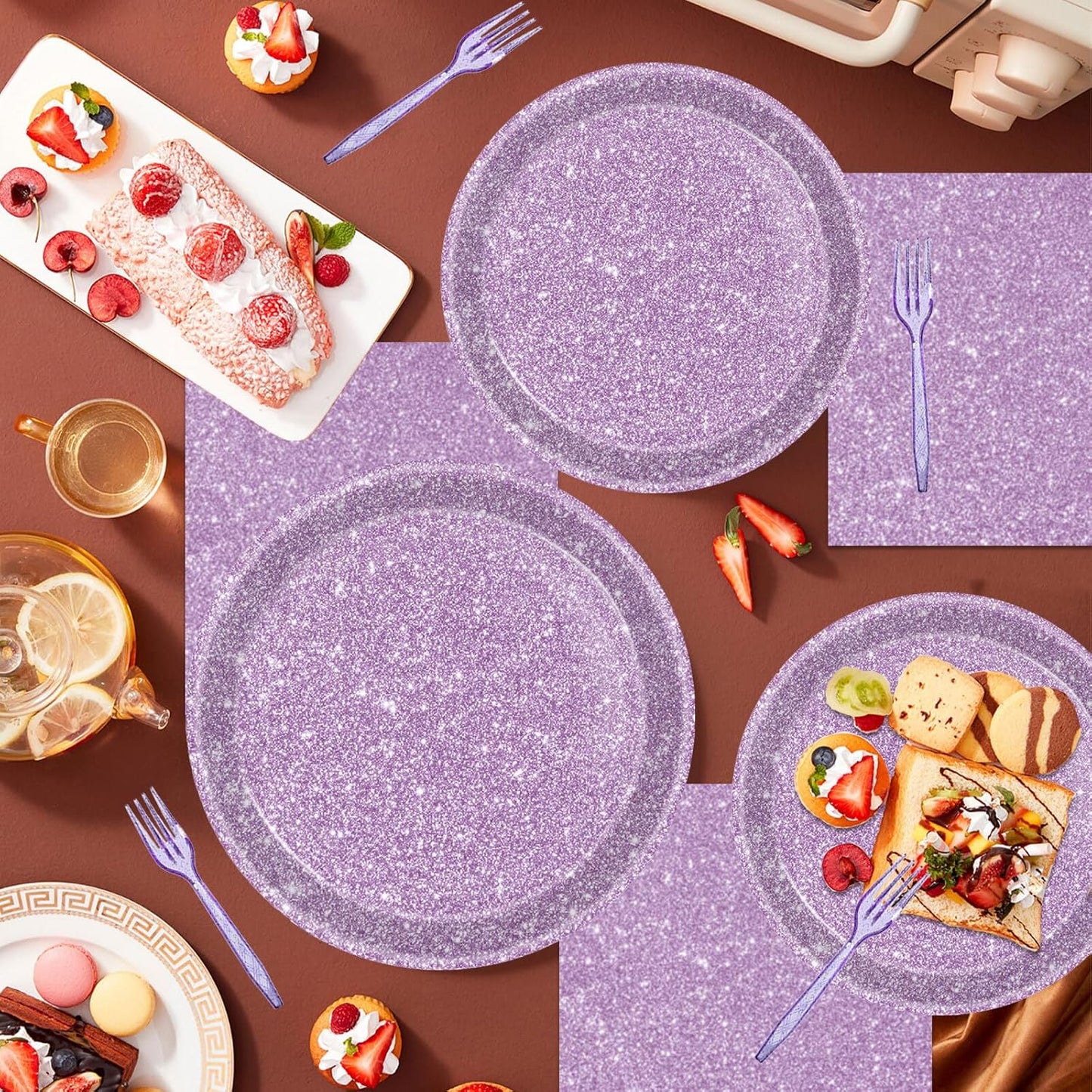 DTDO 96Pcs Pastel Purple Party Tableware Set Paper Plates and Napkins Purple Glitter Party Supplies Dinnerware Set for Women Girl Birthday Party Decorations Wedding Anniversary 24 Guests