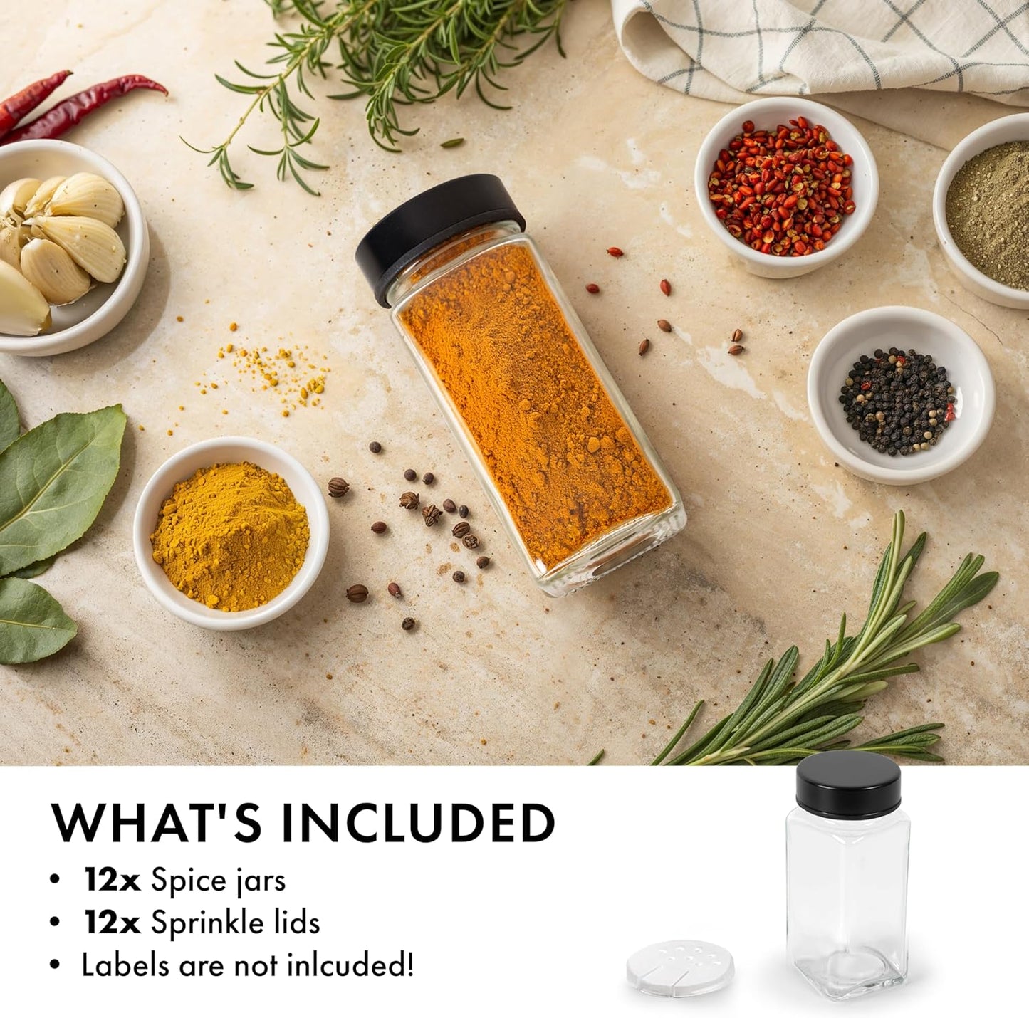 Glass Spice Jars and Black Stainless Steel Lids (12 x 4oz) Spice Containers with Shaker Inserts - Add-On Pack Without Labels or Accessories