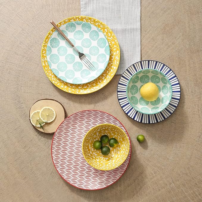 Selamica Ceramic Dinnerware Sets, 12-Pieces Plates and Bowls Sets, Scratch Resistant Dishes set for 4, Dishwasher & Microwave Safe, Assorted Colors