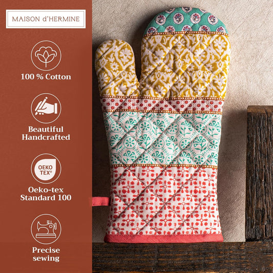 Maison d' Hermine Oven Gloves 100% Cotton Oven Mitt 7" x 13" with Loop Heat Resistant, BBQ, Cooking Gloves, Baking, Grilling, Kitchen, Handling Hot Pans Spring/Summer (Pack of 1, Provence)
