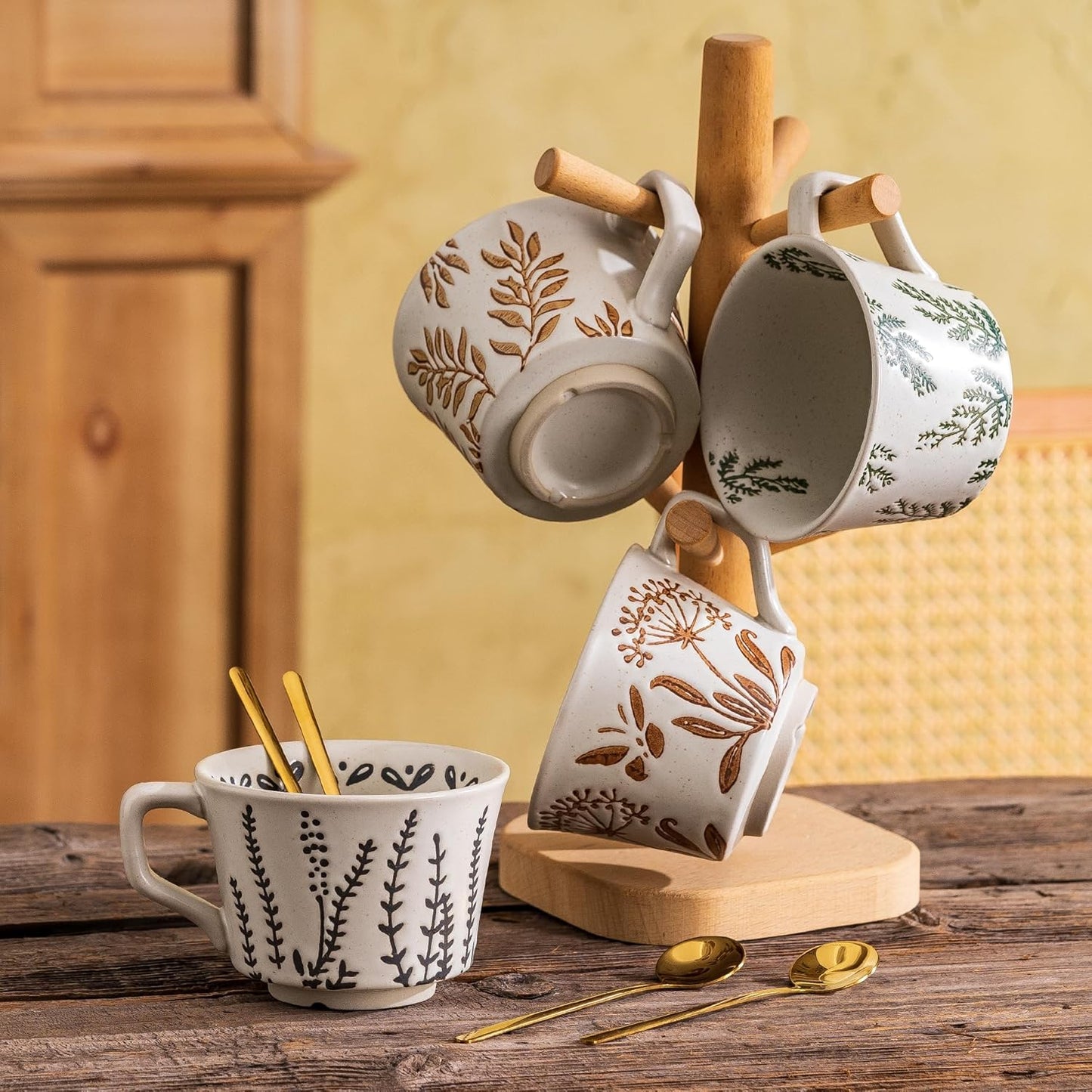 Ceramic Coffee Mug Set, 11 oz and 2 Spoons, Coffee Cup Set of 2, Suitable for Americano, Chocolate Drinks, Milk, Tea Drinks, Microwave Dishwasher Safe