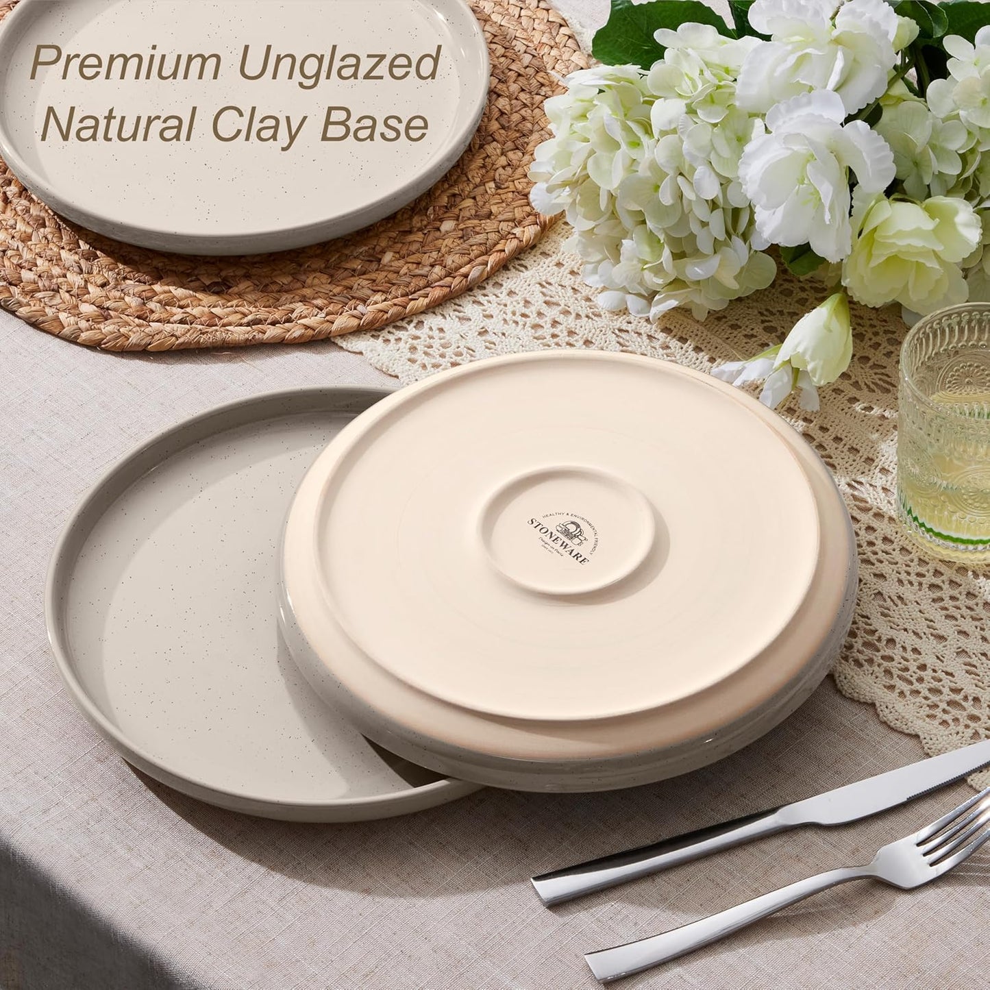 LIANYU Stoneware Dinner Plates Set of 4, 10.5 Inch Porcelain Kitchen Plates, High Edge Flat Dishes Set for Steak, Salad, Dessert, Microwave & Dishwasher & Oven Safe, Scratch Resistant, Milky Brown