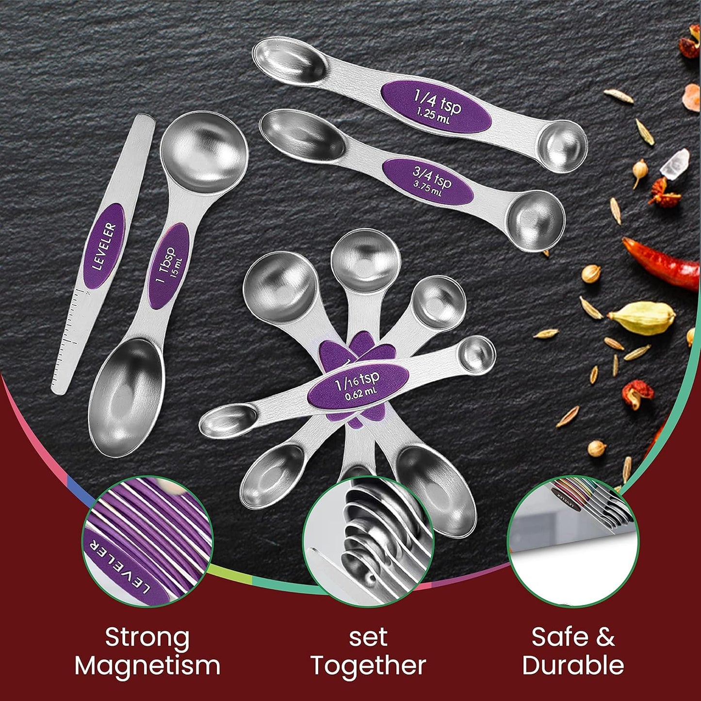 Magnetic Measuring Spoons Set of 9 Stainless Steel Dual-Sided Stackable Measuring Spoon Nesting Teaspoons Measuring Dry and Liquid Ingredients, Fits in Spice Jars Set of 9 (Purple)
