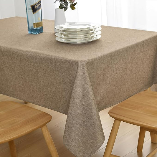 JIUZHEN Rectangle Table Cloth Faux Linen Farmhouse Tablecloth Wrinkle and Stain Resistant Decorative Fabric Table Cover for Kitchen, Dining Room, Parties and Camping, Khaki, 70 x 140 Inch